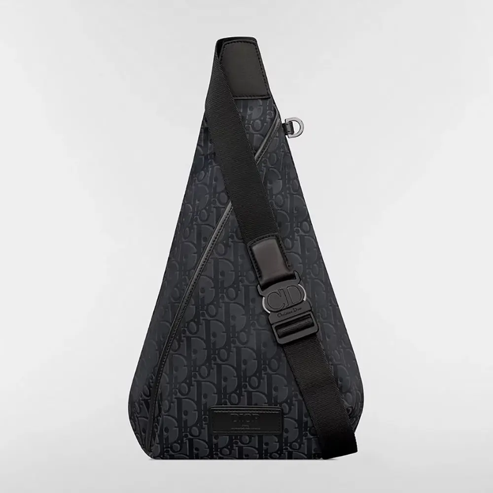 Front angle of Dior Men Trek Zipped Sling Bag Black Dior Oblique Nylon