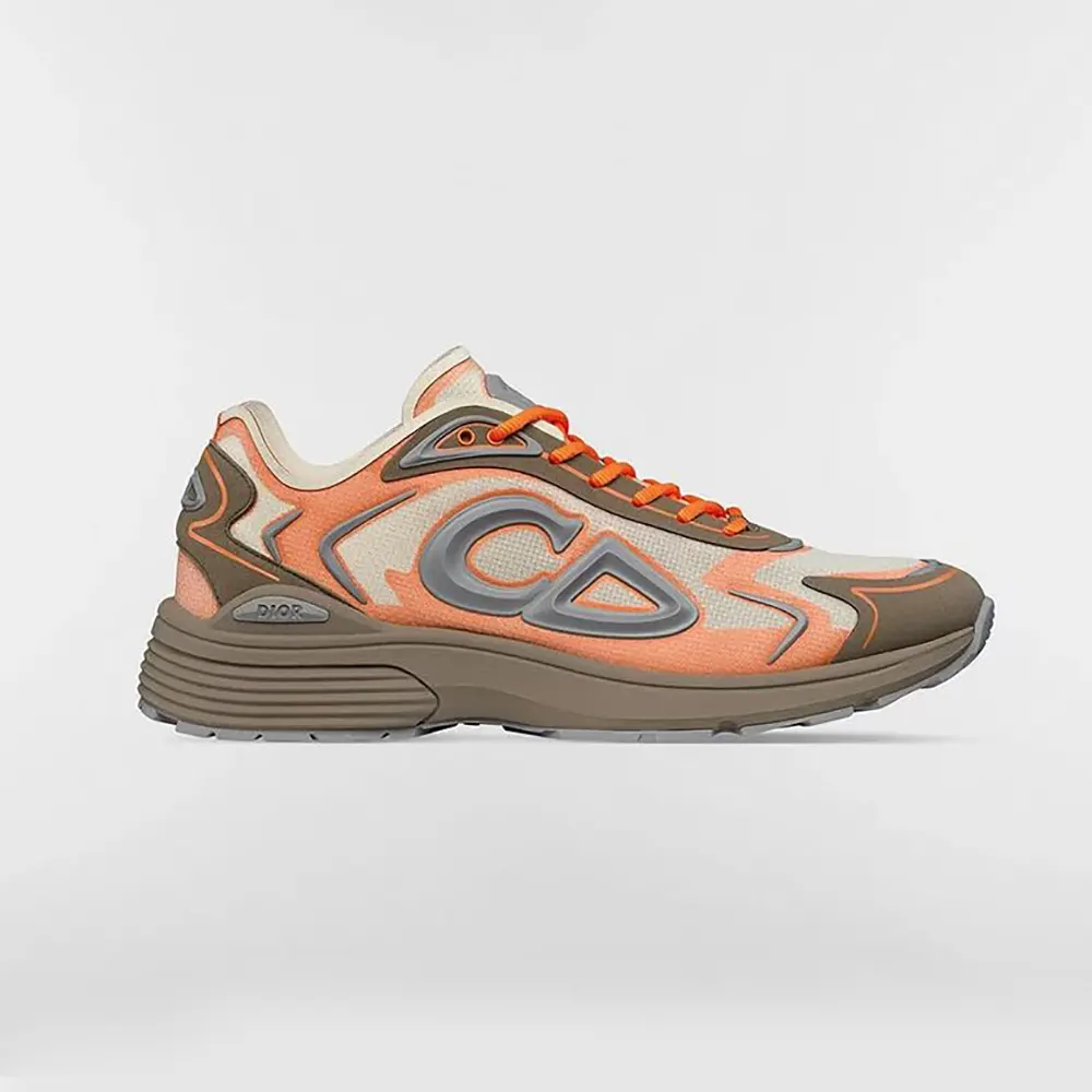 Side view of Dior Unisex B30 Countdown Tech Sneaker in beige and orange