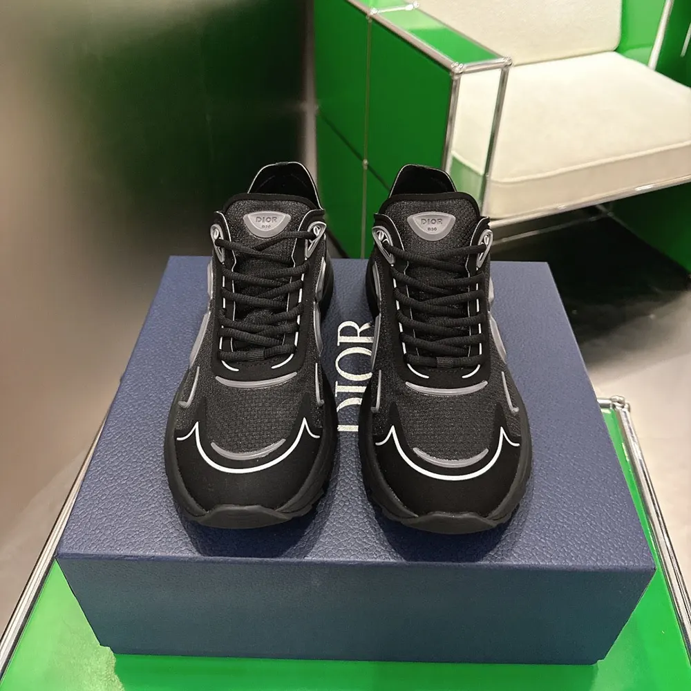 Close-up of black semi-transparent nylon upper on Dior B30 Countdown sneaker