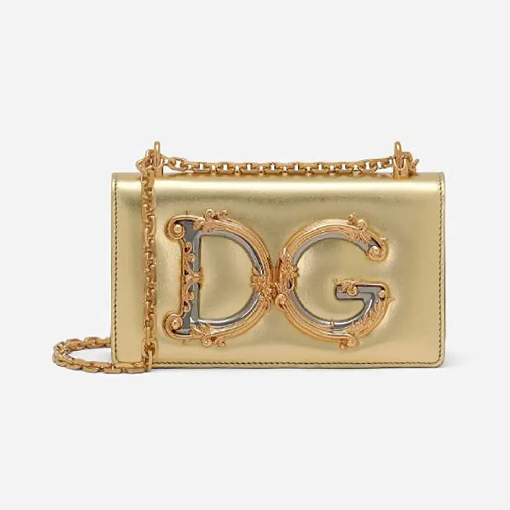 Front view of Dolce Gabbana D&G Women DG Girls Phone Bag in gold leather