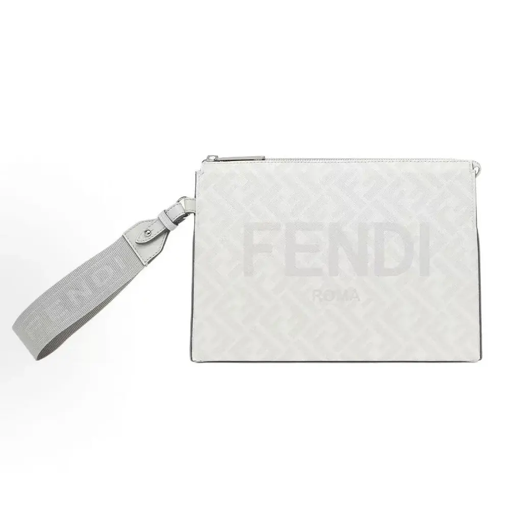 Front view of Fendi Men Clutch Pack Pouch in White FF Fabric