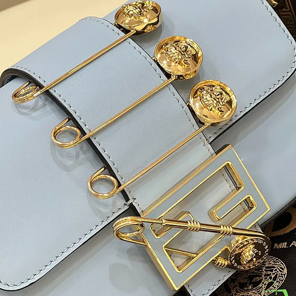 Fendi Women Brooch Mini Baguette Fendace Blue Leather Bag - image 5