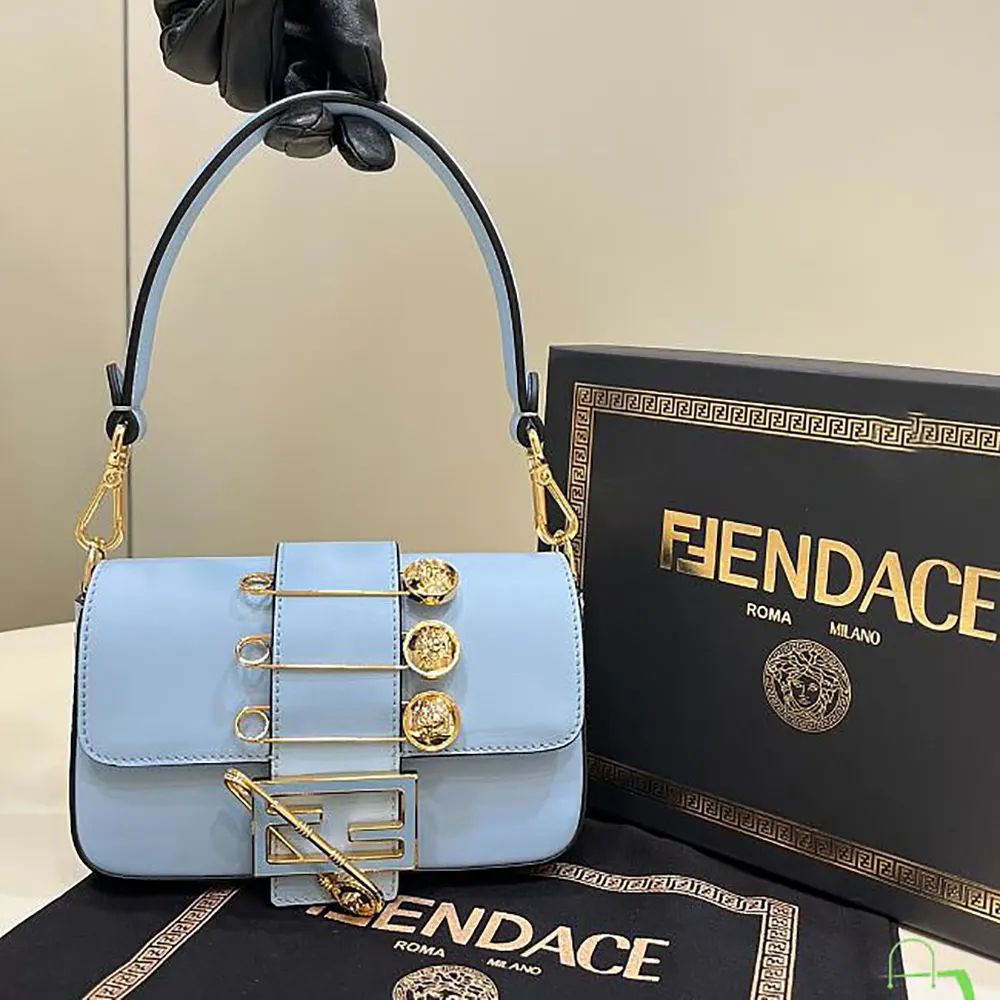Front view of Fendi Women Brooch Mini Baguette Fendace Blue Leather Bag