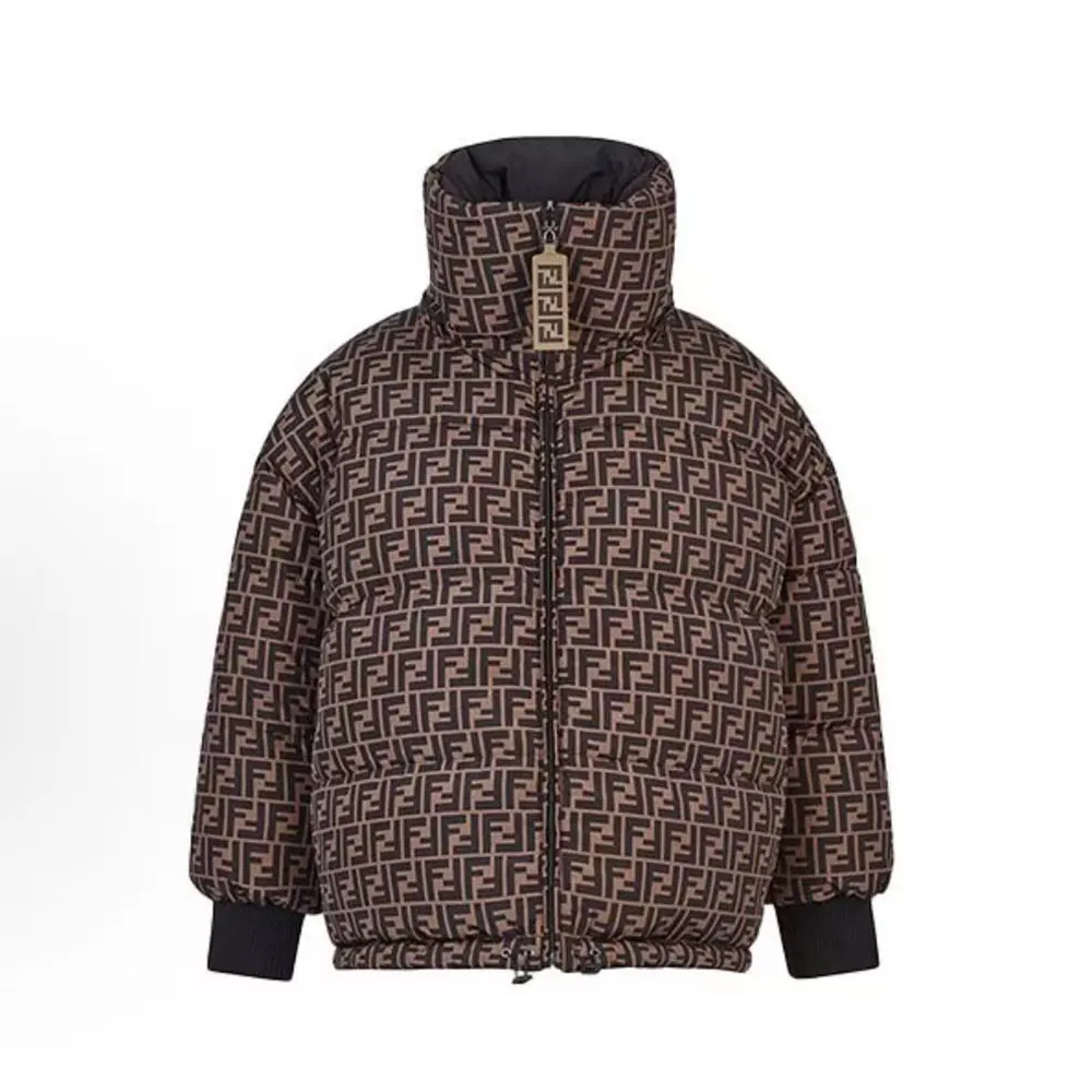 Front view of Fendi Women Down Jacket Brown FF Nylon Down Jacket