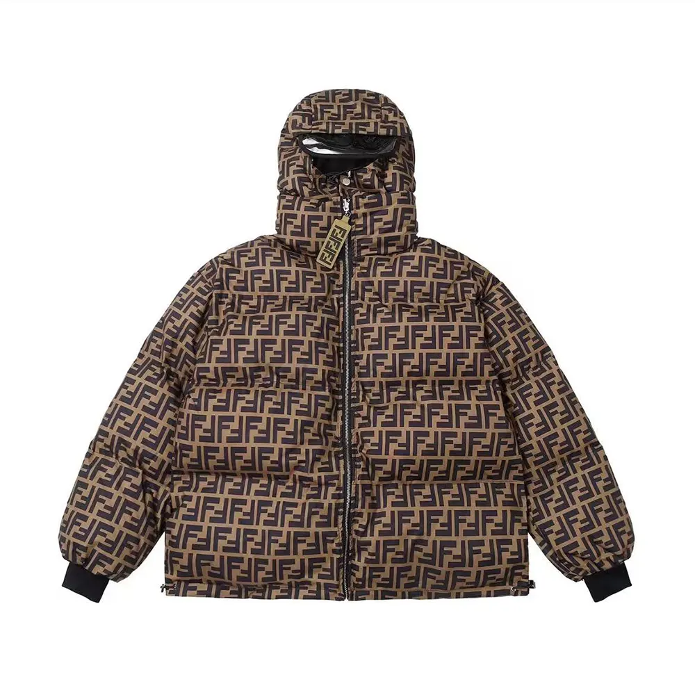 Close-up of signature FF logo hardware on brown Fendi down jacket