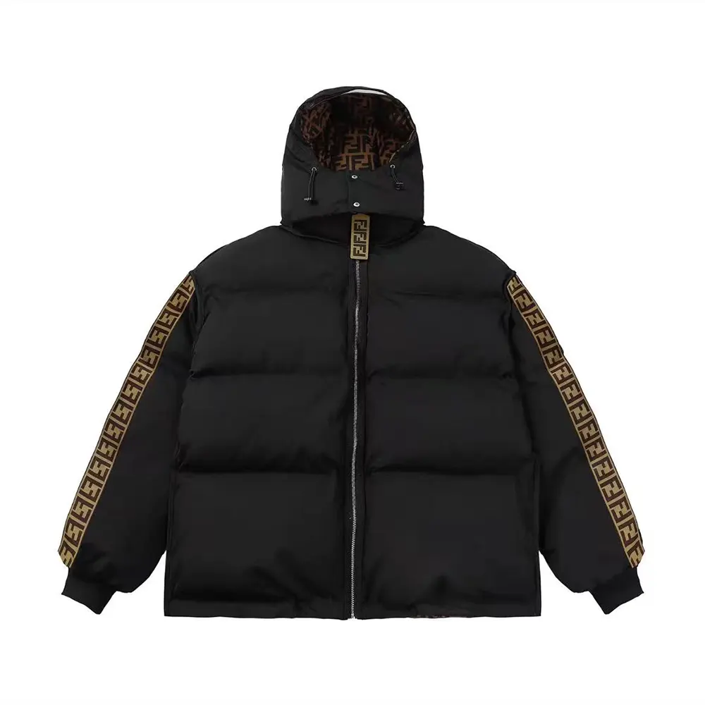 Side angle showing silhouette of Fendi Women Down Jacket Brown FF Nylon
