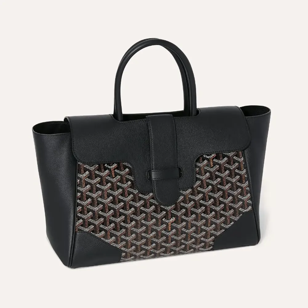 Front view of Goyard Women Saïgon Tote Bag-Black showing Chevron pattern