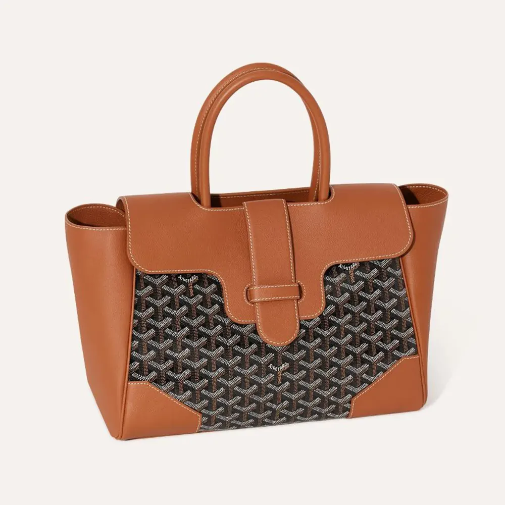 Front view of Goyard Women Saïgon Tote Bag-Brown showing chevron pattern