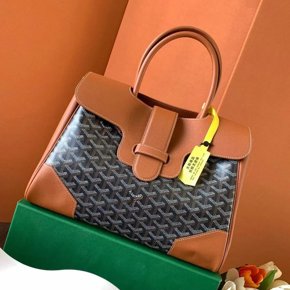 Side profile of Goyard Women Saïgon Tote Bag-Brown with shoulder straps