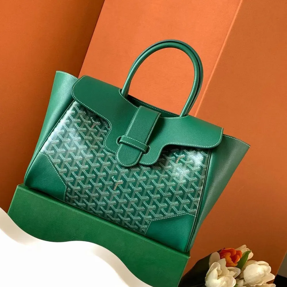Side angle emphasizing spacious shape of Goyard Women Saïgon Tote Bag-Green