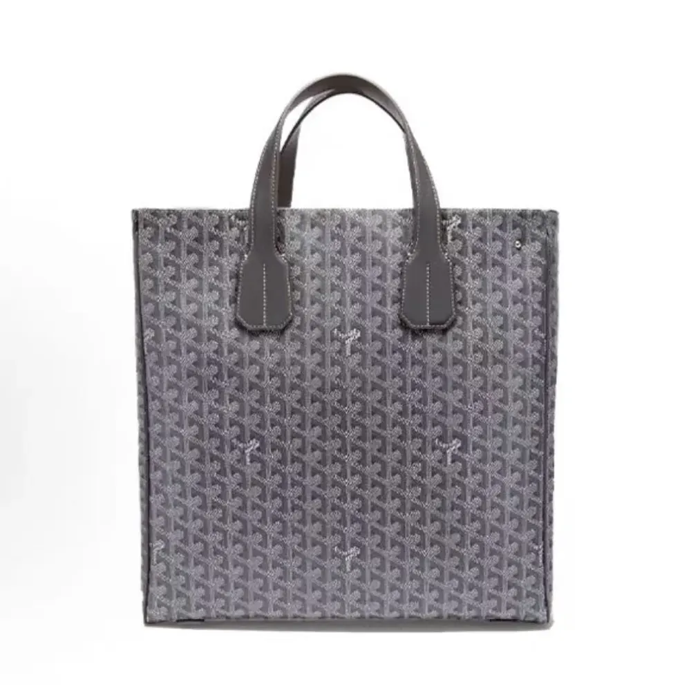 Front view of Goyard Unisex Voltaire Tote Bag in gray canvas and leather