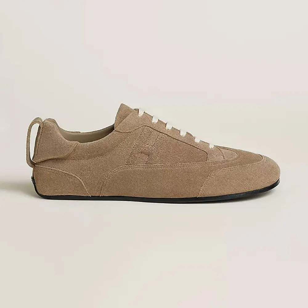 Side view of Hermes Unisex May Derby Shoe in Suede Calfskin-Brown