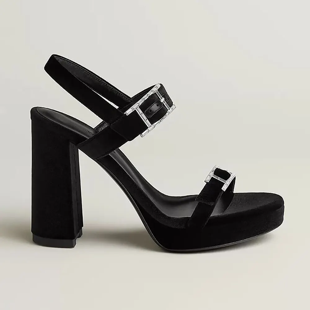 Side angle of Hermes Women Bossa Sandal in Velvet Featuring a Hapi Buckle-Black