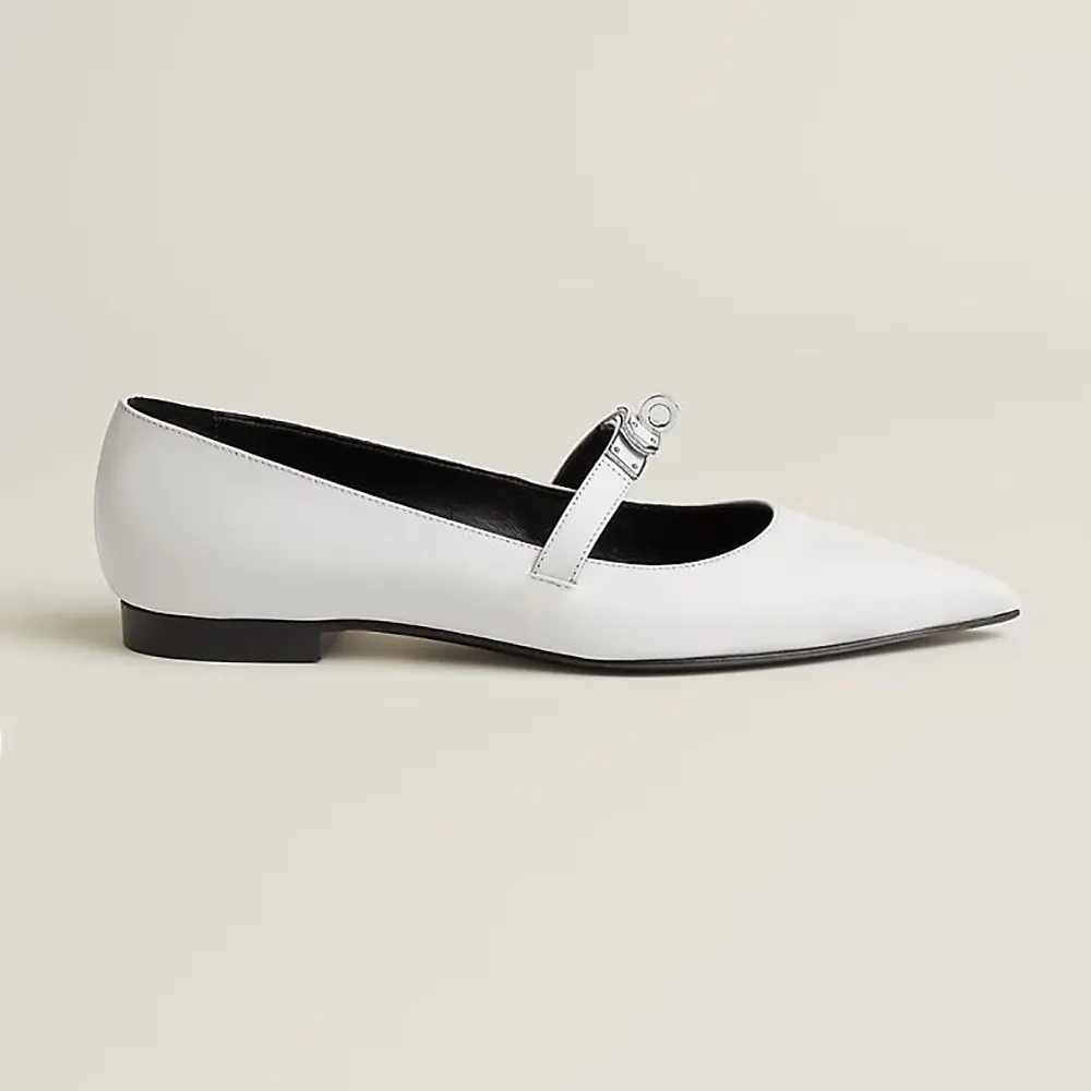 Side view of Hermes Women Kelly Ballet Flat in Calfskin-White