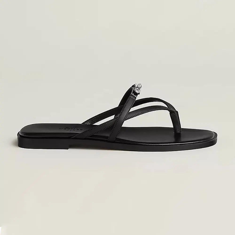 Front angle view of Hermes Women Miss Sandal in Calfskin-Black
