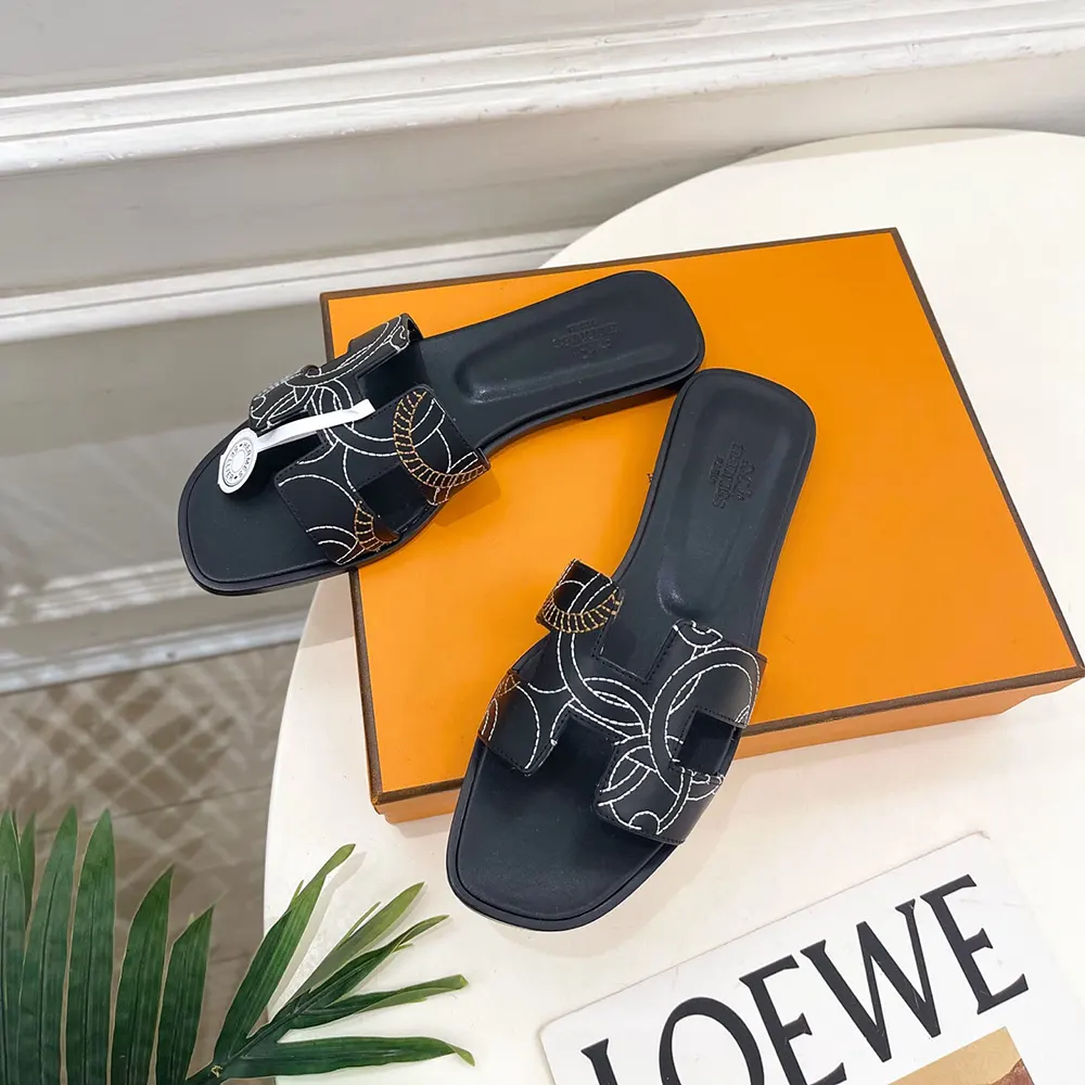 Hermes Women Oran sandal in “Panoplie Equestre” Embroidered Calfskin-Black - image 5