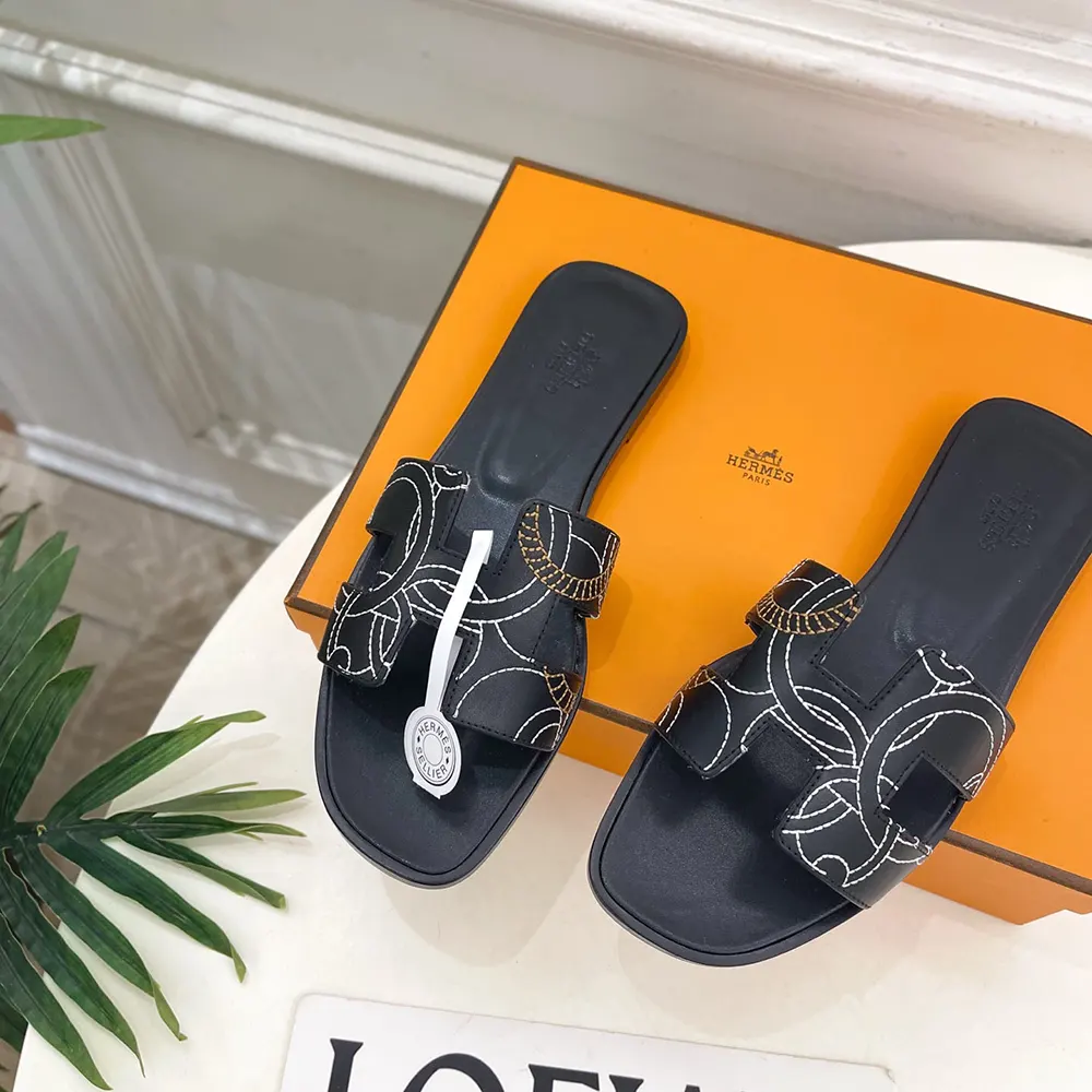 Hermes Women Oran sandal in “Panoplie Equestre” Embroidered Calfskin-Black - image 4