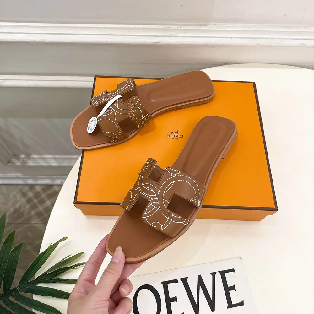 Hermes Women Oran sandal in “Panoplie Equestre” Embroidered Calfskin-Brown - image 4