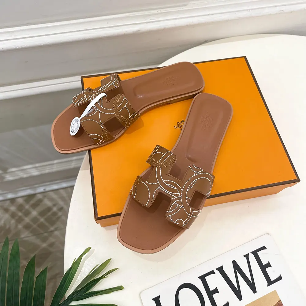 Hermes Women Oran sandal in “Panoplie Equestre” Embroidered Calfskin-Brown - image 7