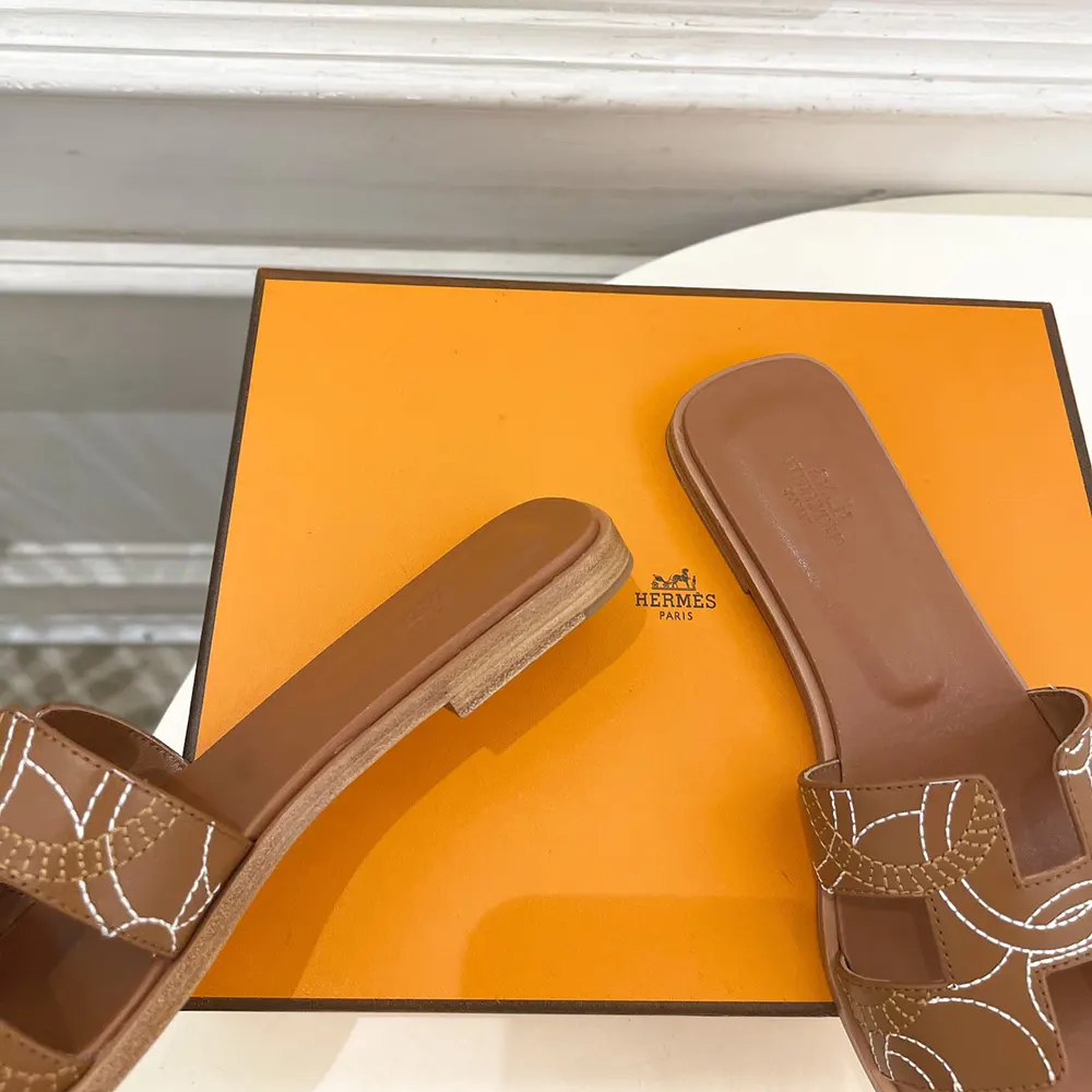 Hermes Women Oran sandal in “Panoplie Equestre” Embroidered Calfskin-Brown - image 9