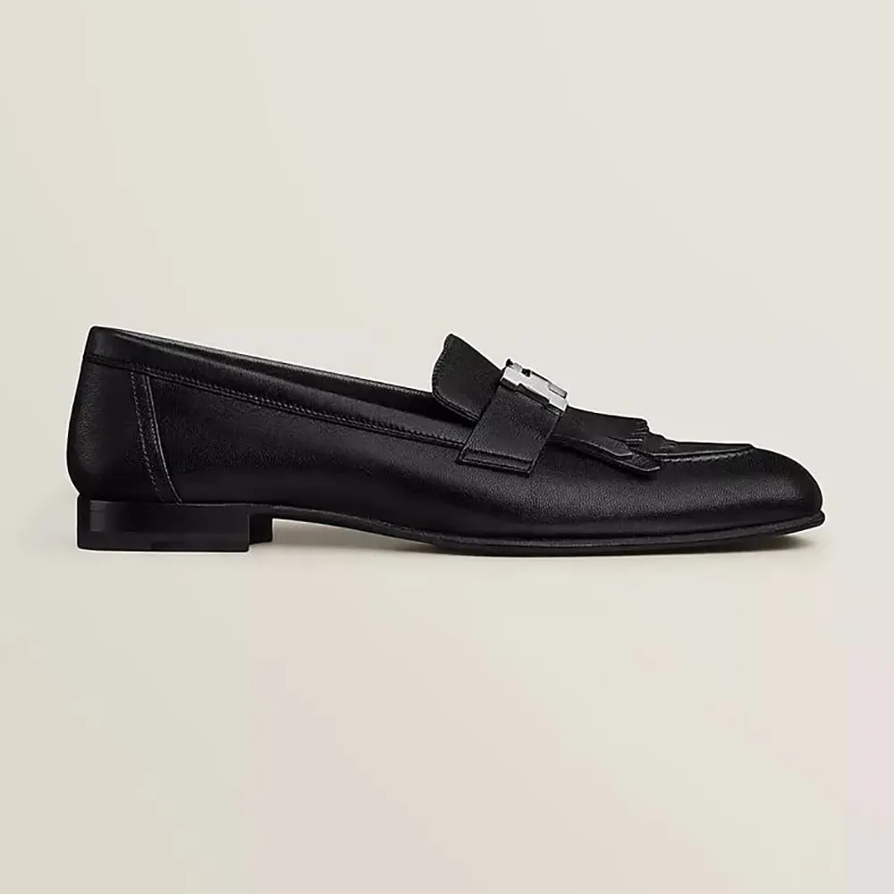 Side view of Hermes Women Royal Loafer in Goatskin-Black showing sleek silhouette