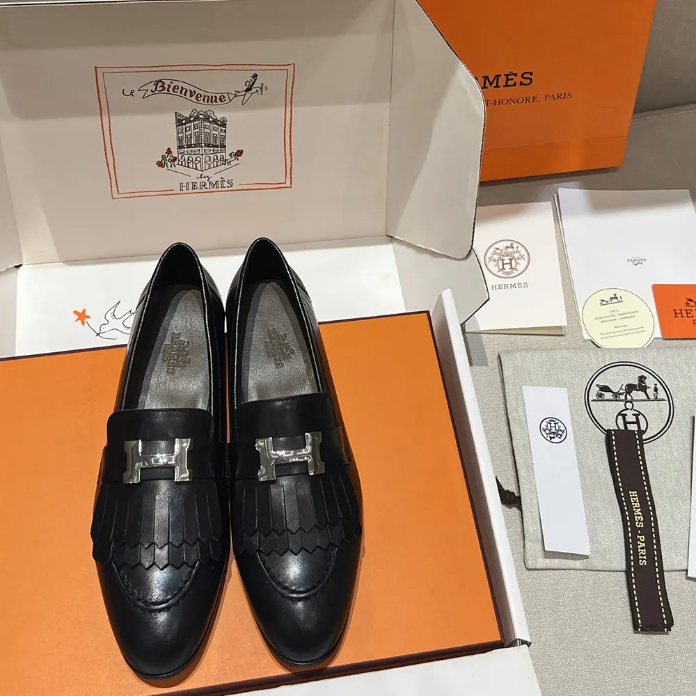 Top view of Hermes Women Royal Loafer in Goatskin-Black highlighting slip-on design