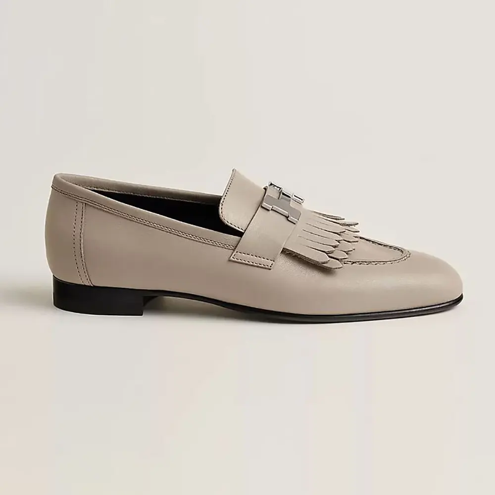 Side profile of Hermes Women Royal loafer in goatskin gray