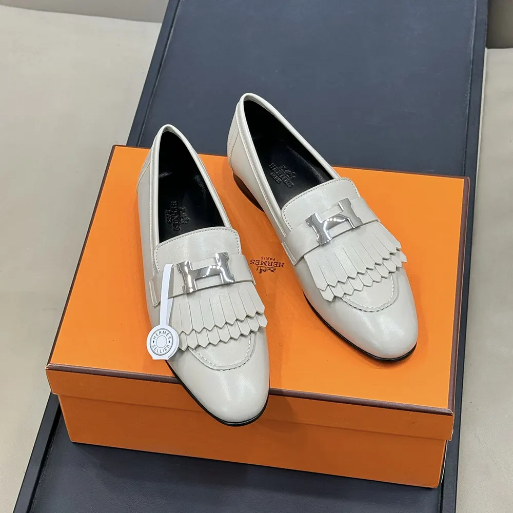 Top view showing smooth leather upper of Hermes Women Royal loafer