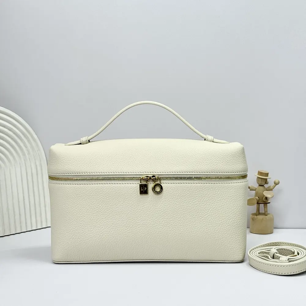 Close-up on silver hardware and leather texture of Loro Piana Women Extra Pocket L27-White