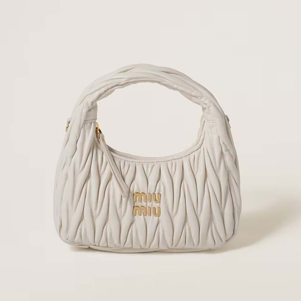 Front view of Miu Miu Women Wander Matelassé Nappa Leather Hobo Bag-White