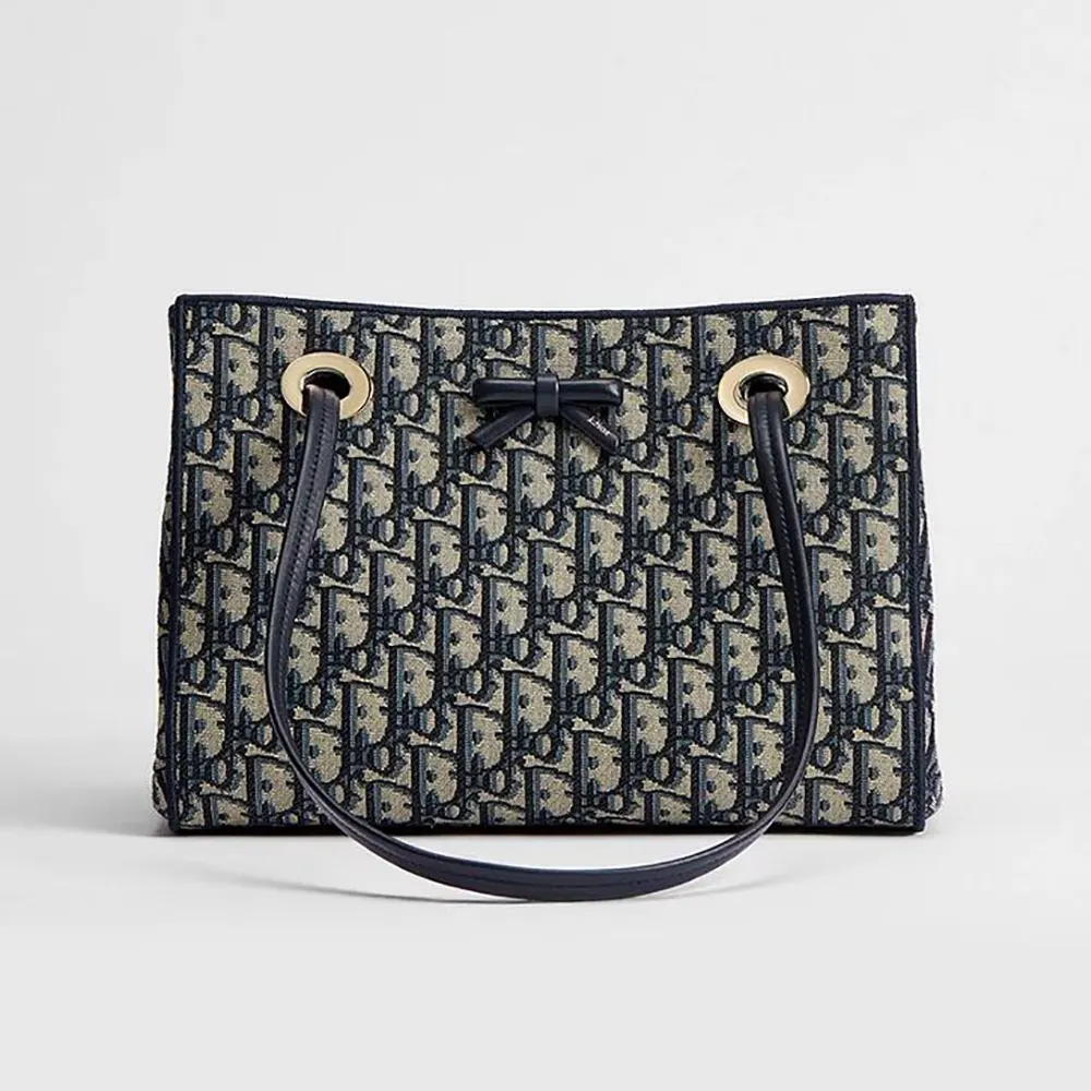Front view of Dior Women Small Shopping Bag Blue Dior Oblique Jacquard