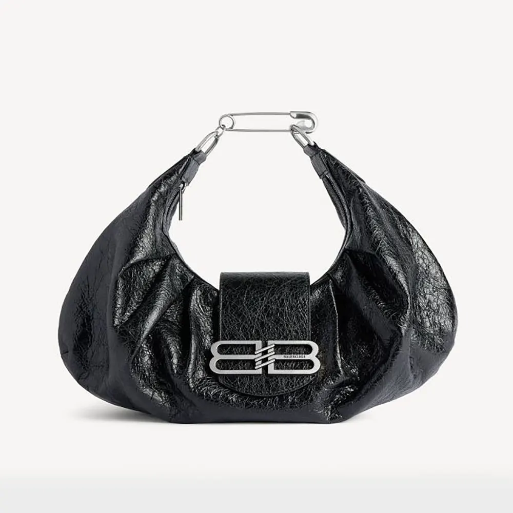 Front view of Balenciaga Women Pamela Shoulder Bag Medium in black lambskin
