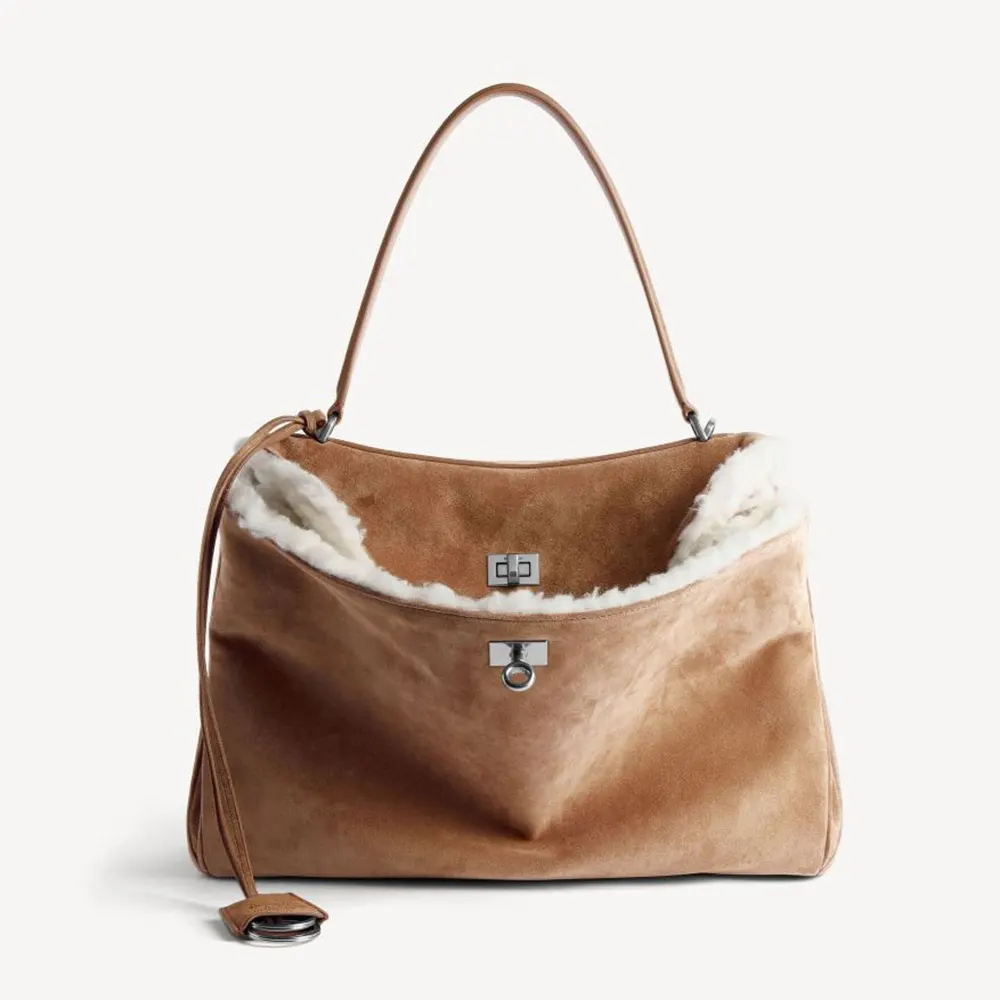 Front view of Balenciaga Women Rodeo Handbag Medium in Noce/White Suede Calfskin