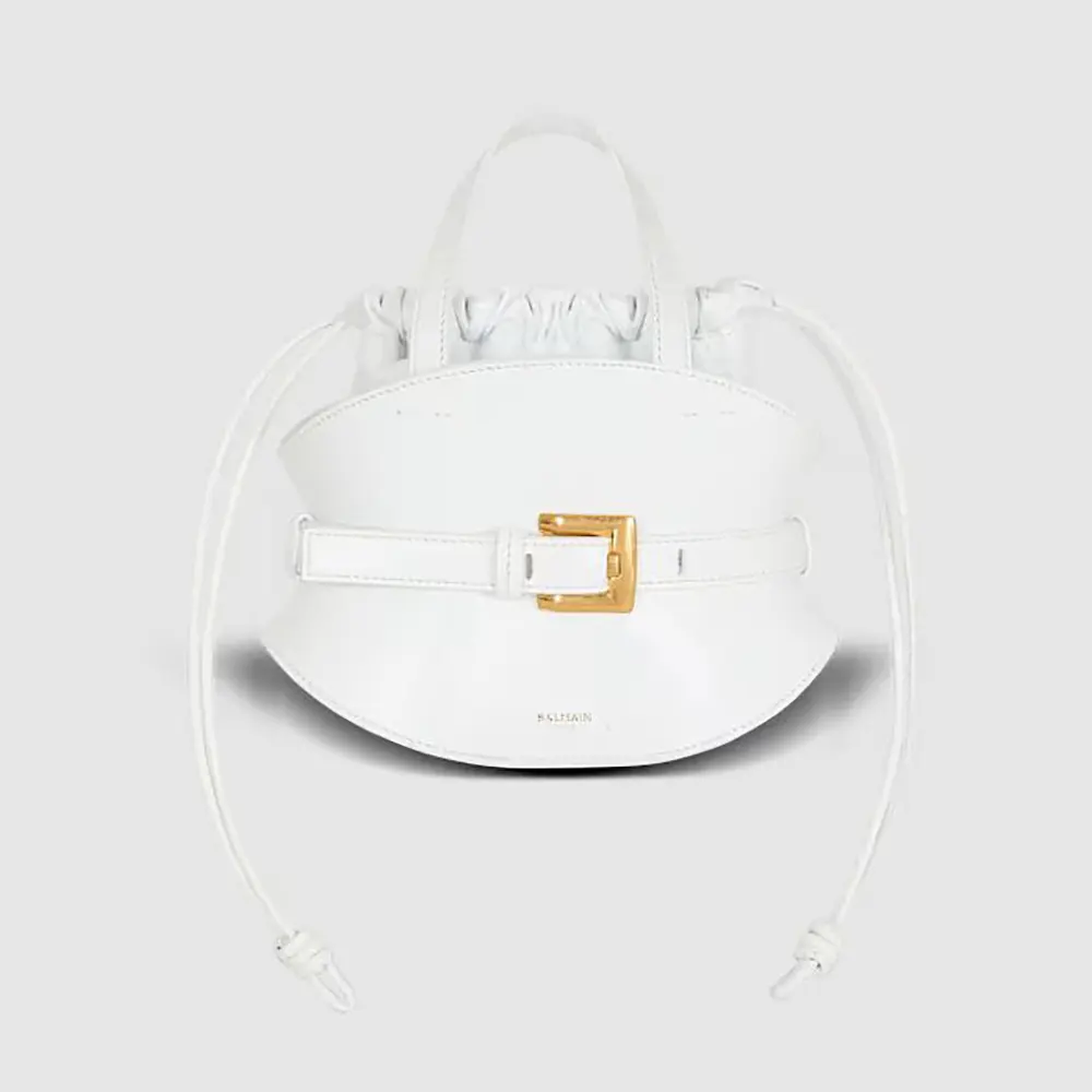 Front view of Balmain Women Shuffle Mini Bag In Calfskin Leather-White showing flap