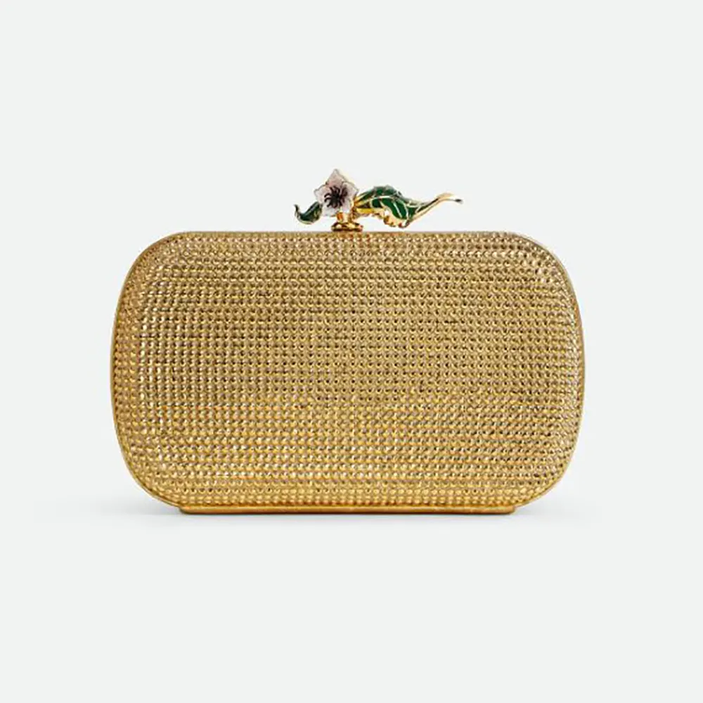 Front view of Bottega Veneta Women Knot-Gold handbag with knot closure