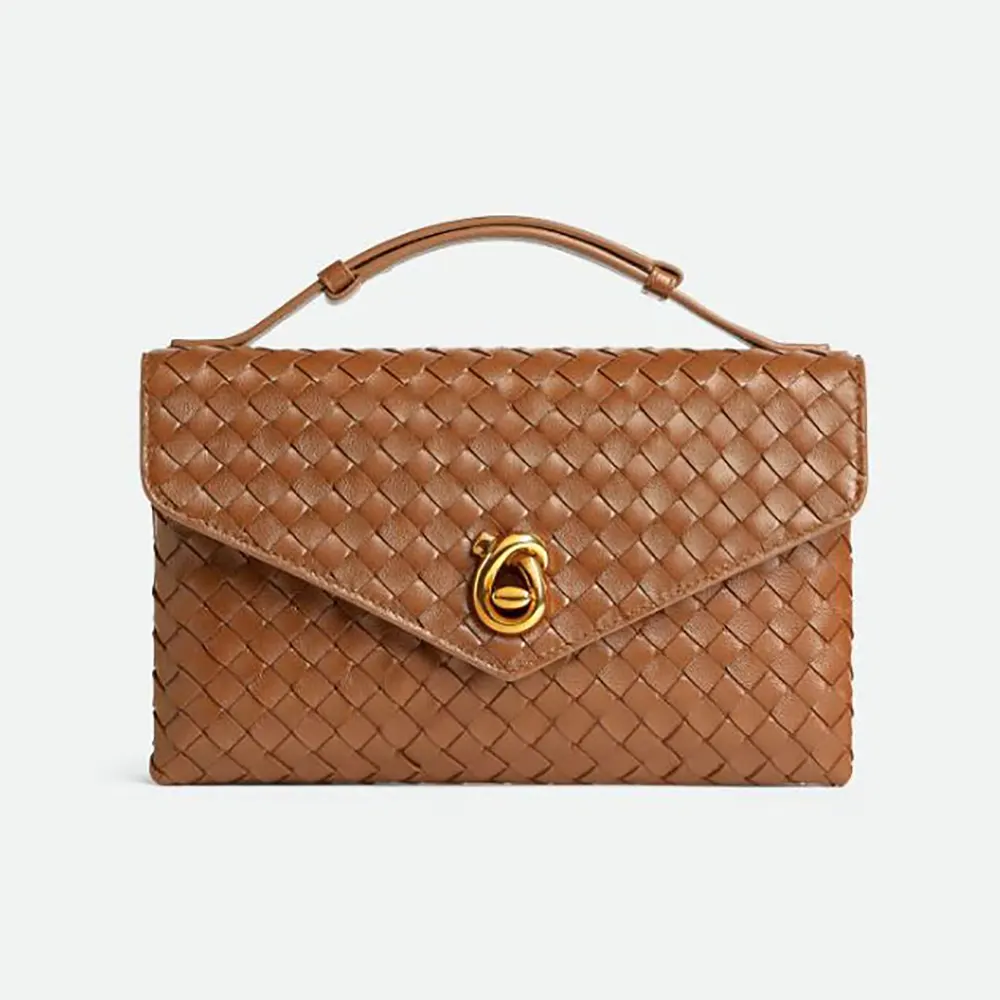 Front view of Bottega Veneta Women Knot Lock-Brown bag with knot closure