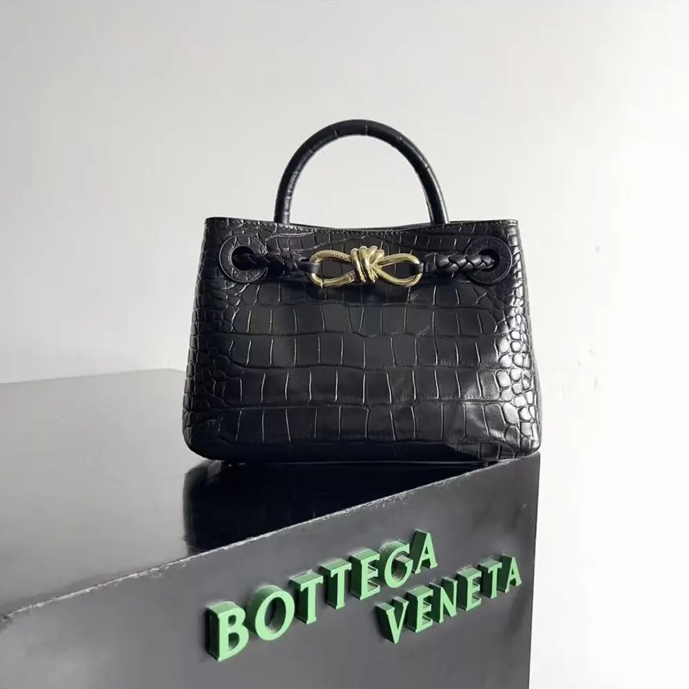 Front view of Bottega Veneta Women Small Andiamo Crocodile Leather Top Handle Bag-Black
