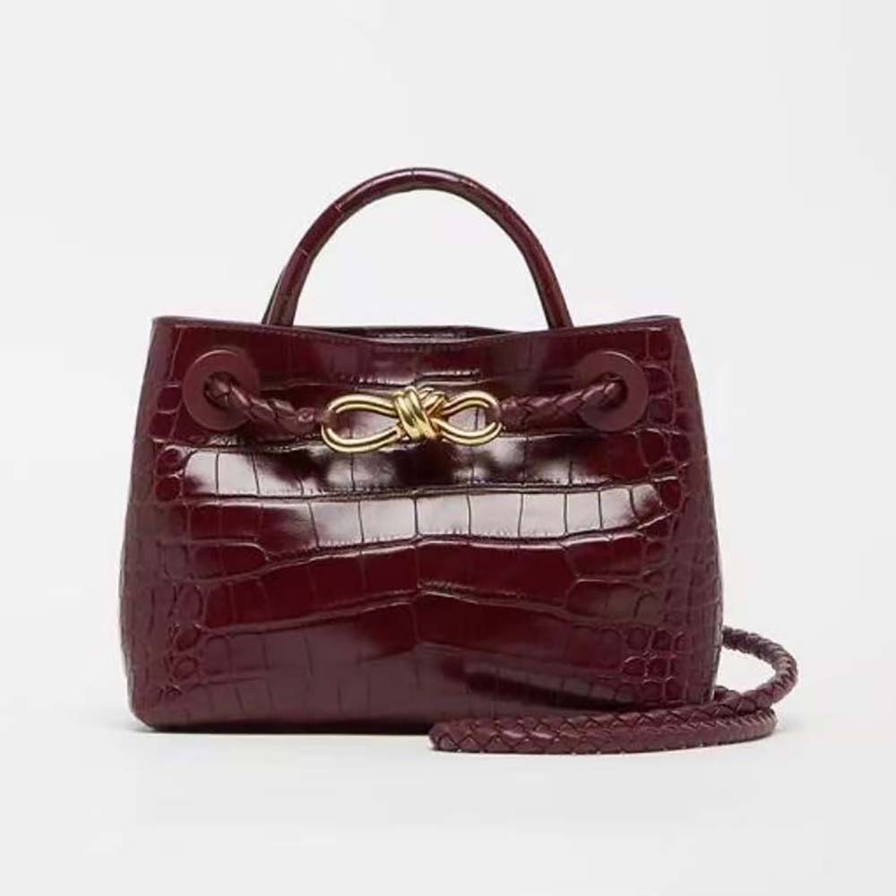 Front view of Bottega Veneta Women Small Andiamo Crocodile Leather Top Handle Bag-Red