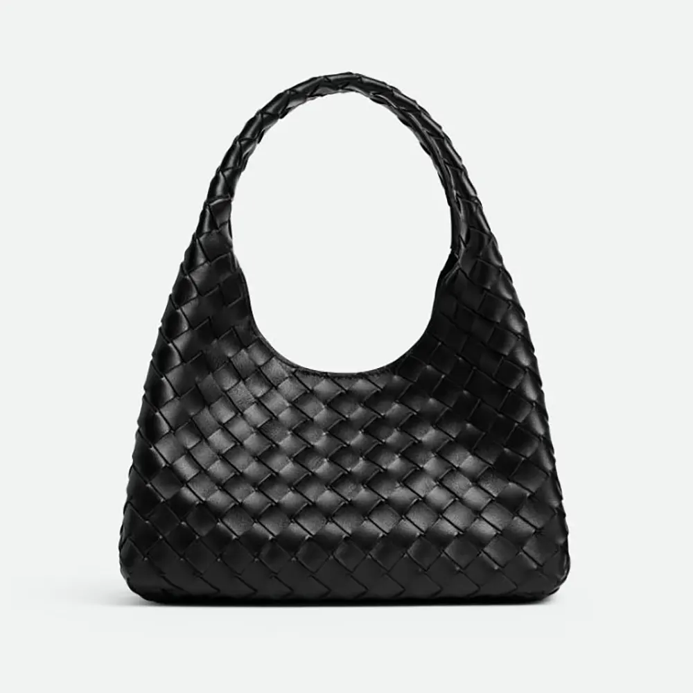 Front view of Bottega Veneta Women Small Campana-Black showing woven leather detail