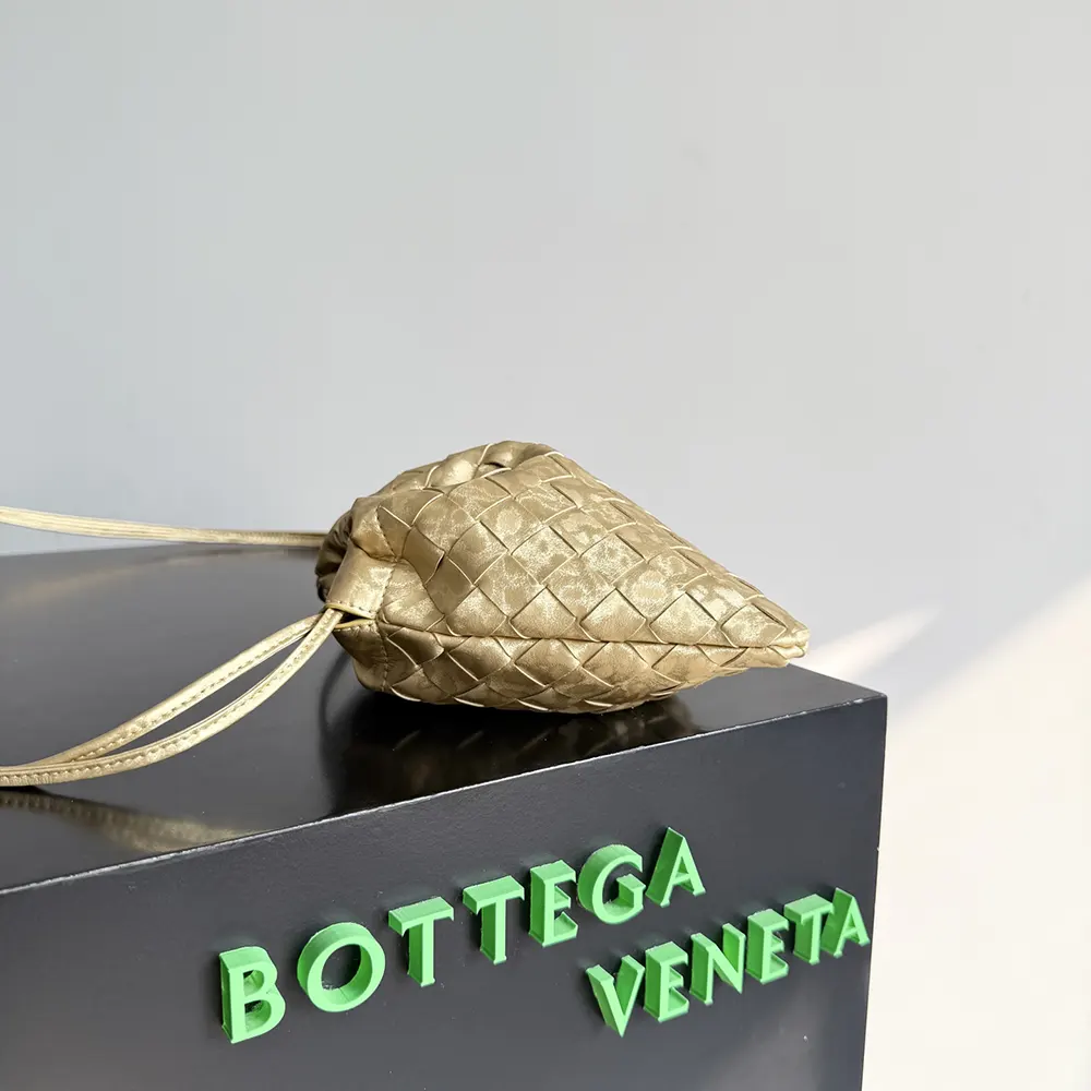 Side angle of Bottega Veneta Women Small Dustbag-Gold highlighting compact size