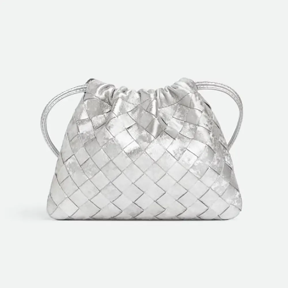 Front view of Bottega Veneta Women Small Dustbag-Silver with drawstring closed