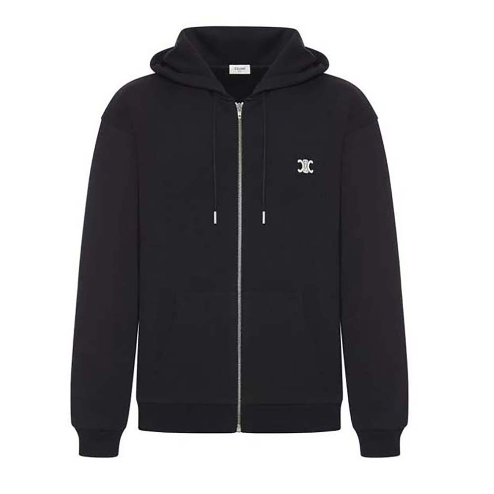 Front view of Celine Men Zipped Hoodie in Cashmere Cotton-Black