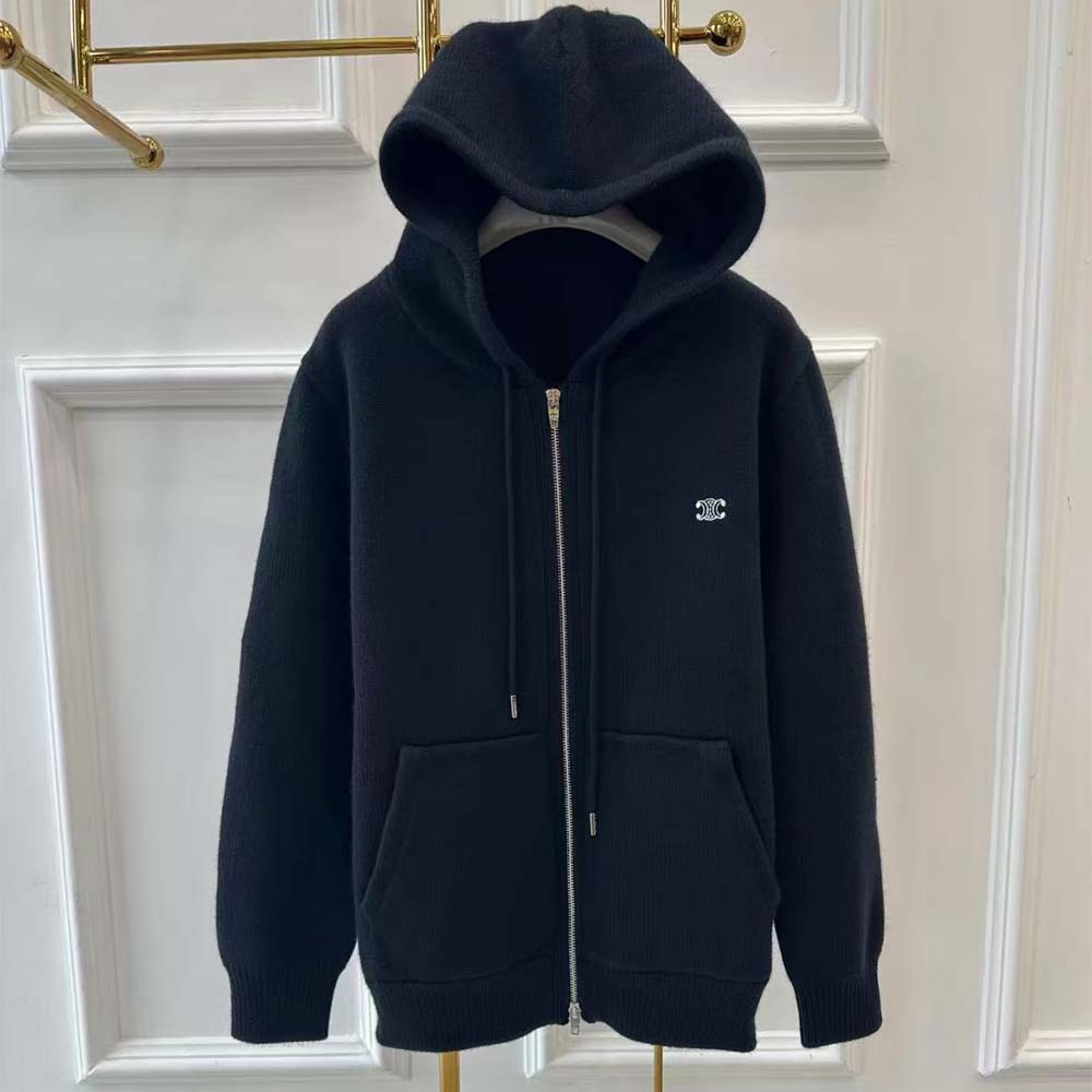 Close-up of zipper hardware on Celine Men Zipped Hoodie in Cashmere Cotton-Black
