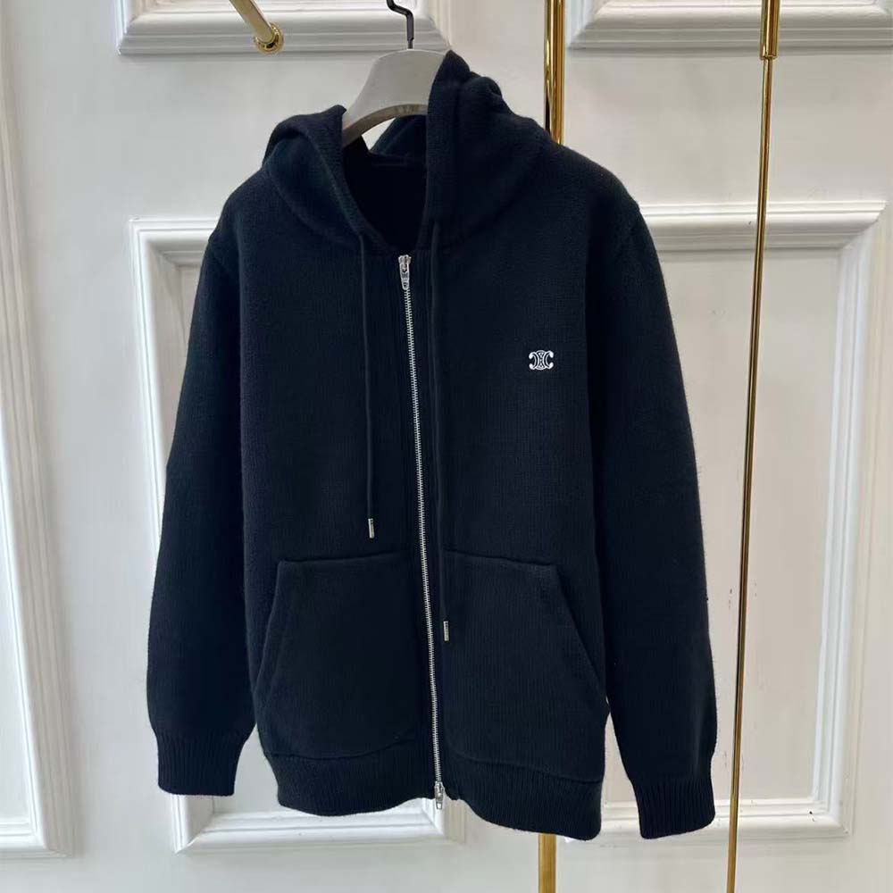 Detail of fabric texture on Celine Men Zipped Hoodie in Cashmere Cotton-Black