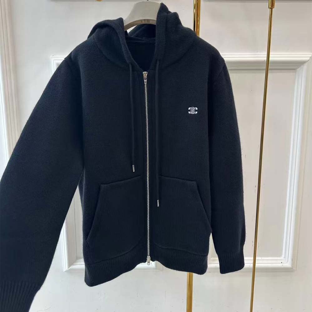 Celine Men Zipped Hoodie in Cashmere Cotton-Black - image 6