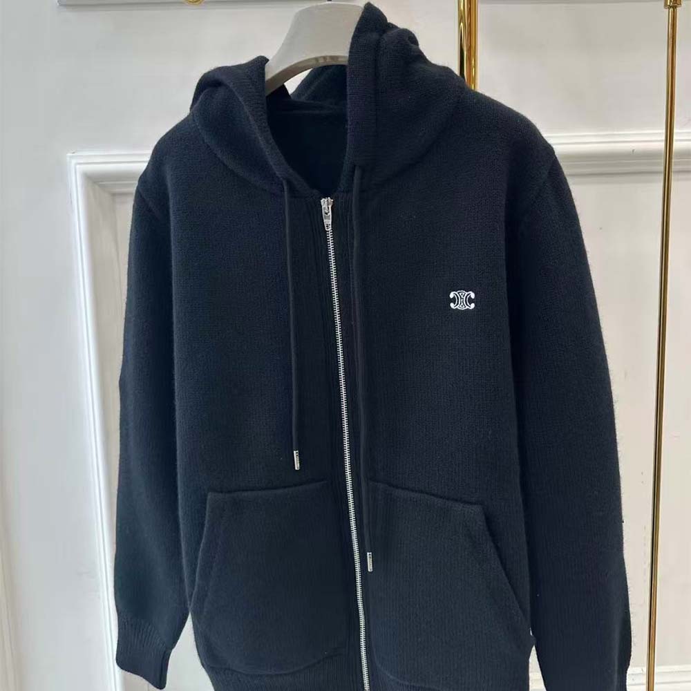 Celine Men Zipped Hoodie in Cashmere Cotton-Black - image 10