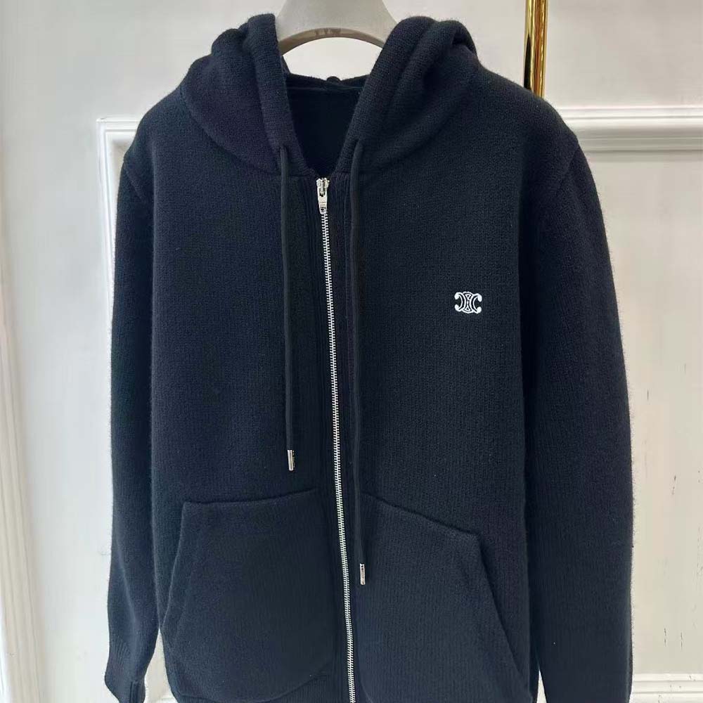 Celine Men Zipped Hoodie in Cashmere Cotton-Black - image 9