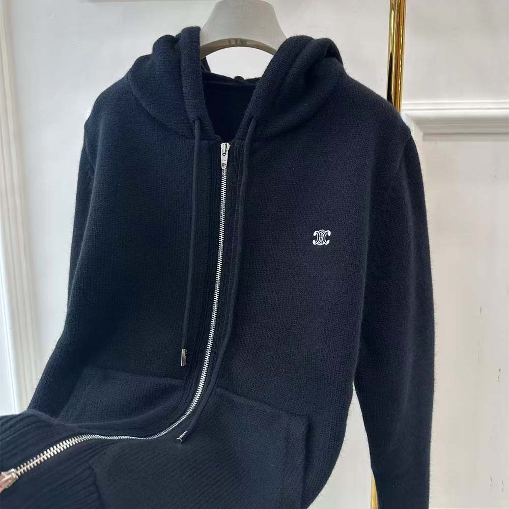 Celine Men Zipped Hoodie in Cashmere Cotton-Black - image 8