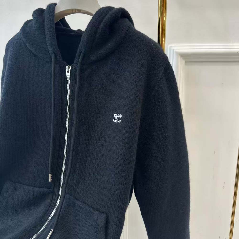 Celine Men Zipped Hoodie in Cashmere Cotton-Black - image 7