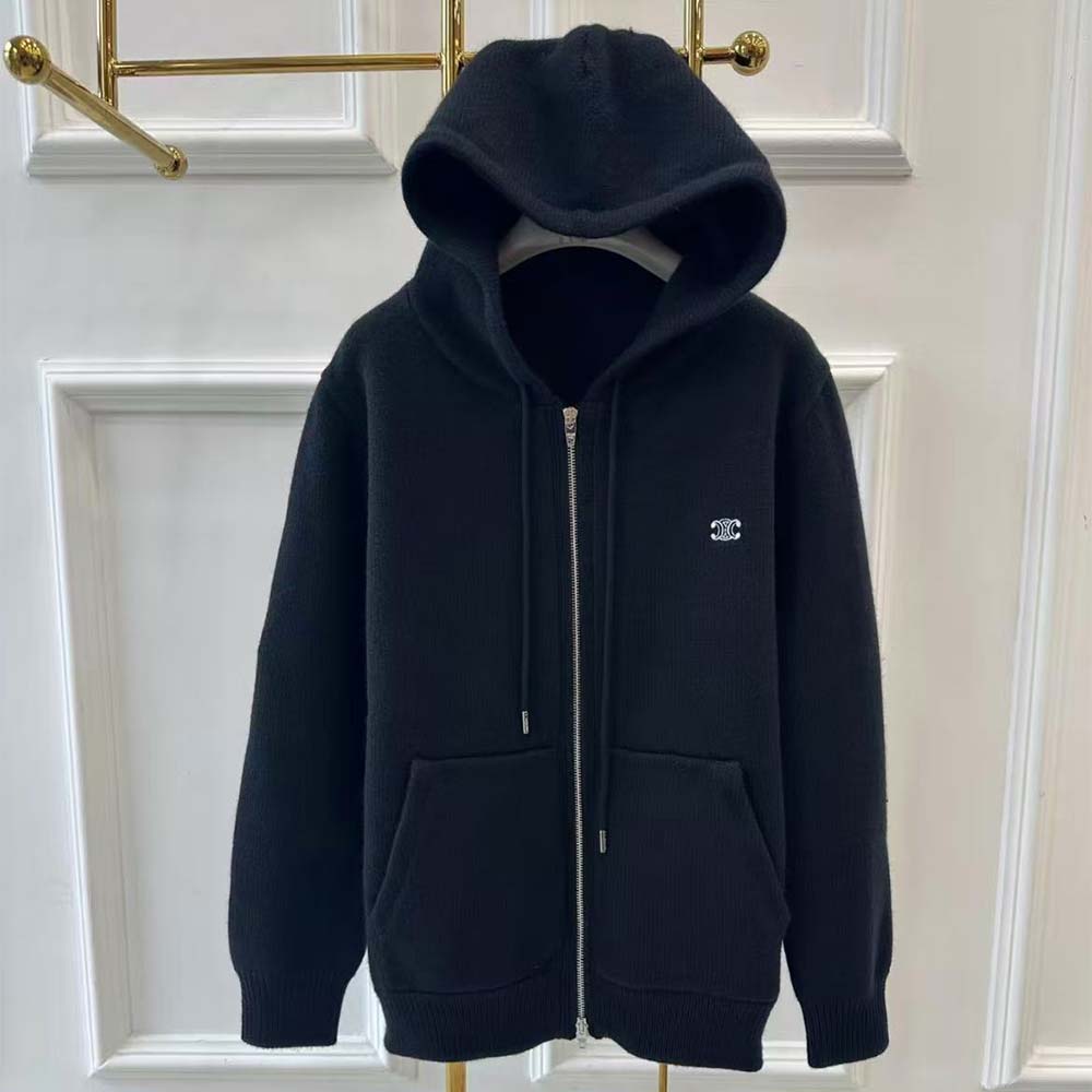 Celine Men Zipped Hoodie in Cashmere Cotton-Black - image 4